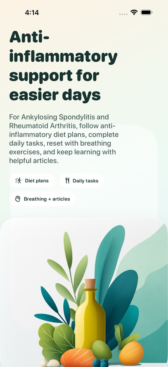 Unstiff app home screen with anti-inflammatory plan guidance